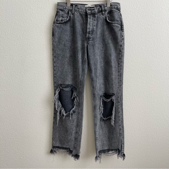 FREE PEOPLE Bottlerocket Grey Maggie Mid Rise Distressed Edgy Straight Leg Jeans - Picture 3 of 13